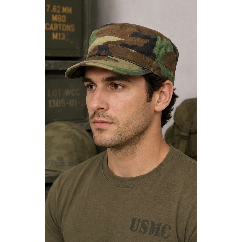 US Military Woodland Camo Patrol Cap Hot Weather Size 7 Ripstop Army Cap Nylon